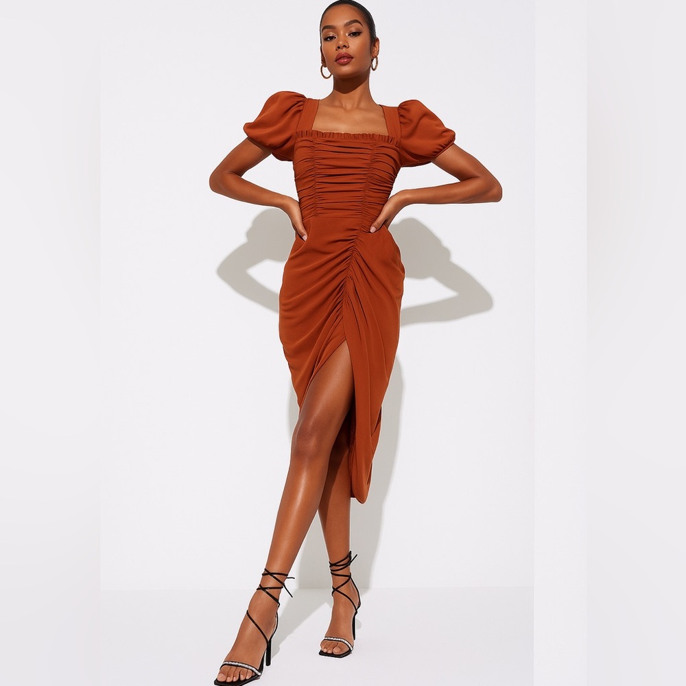 Chocolate/Rust Ruched Mesh Puff Sleeve Draped Midi Square Neck Dress